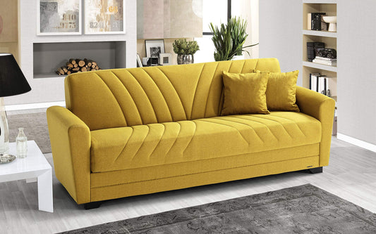 Divano 3 posti in tessuto lavabile giallo senape - 220 x 88 x 83h cm., vano contenitore, trasformabile in letto una piazza e mezza