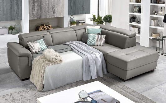 Dafne Italian Design Divano Letto angolare 3 posti con penisola a Destra. Similpelle Light Grey (cm. 287 x 245 x 98h)