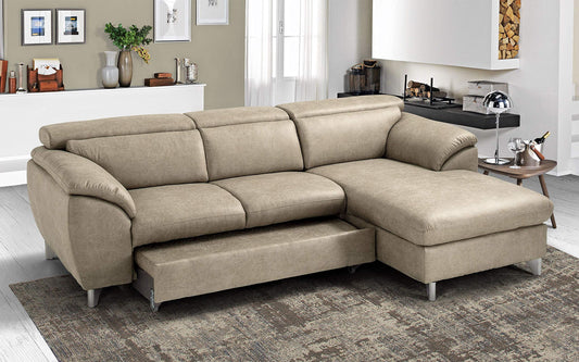 Dafne Italian Design Divano Letto angolare 3 posti con penisola a Destra. Tessuto Tay Tay Sand (cm. 269 x 175 x 94h)