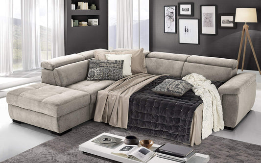 Dafne Italian Design Divano Letto angolare 3 posti con penisola a Sinistra. Tessuto Romeo Ecru (cm. 282 x 242 x 96h)