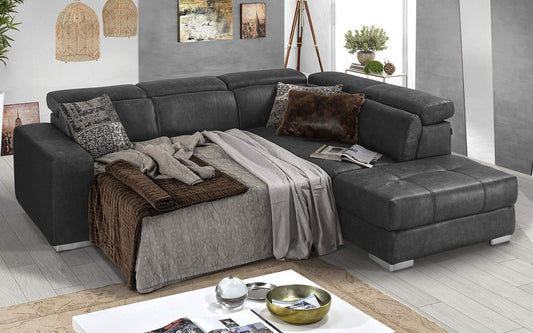 Dafne Italian Design Divano Letto angolare 3 posti con penisola a Destra. Tessuto Tay Tay Dark Grey (cm. 266 x 230 x 94h)