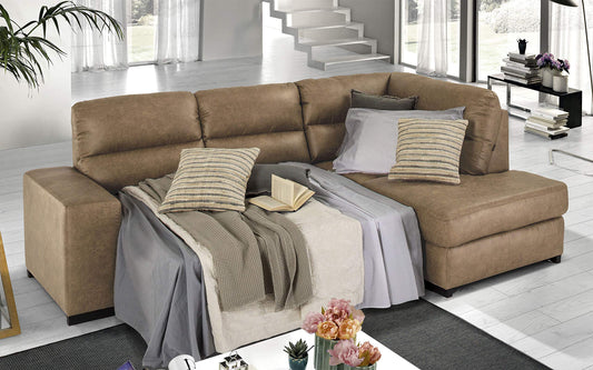 Dafne Italian Design Divano Letto angolare 3 posti con penisola a Destra. Tessuto Tay Tay Camel (cm. 251 x 175 x 97h)