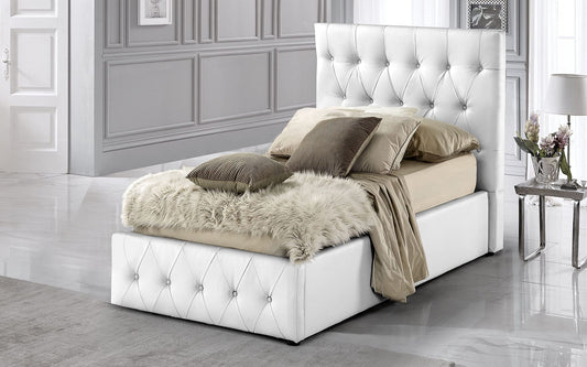 Dafne Italian Design - Letto singolo con contenitore, Similpelle bianco, Dimensioni: cm. 99 x 212 x 117 H