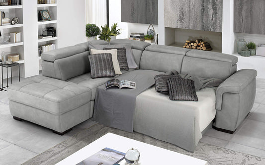 Dafne Italian Design Divano Letto angolare 3 posti con penisola a Sinistra. Similpelle Effetto Nabuk Grigio Ash (cm. 282 x 242 x 96h)