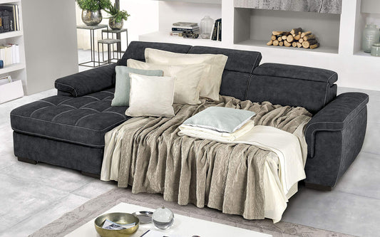 Dafne Italian Design Divano Letto angolare 3 posti con penisola a Sinistra. Similpelle Effetto Nabuk Grafite (cm. 287 x 176 x 96h)