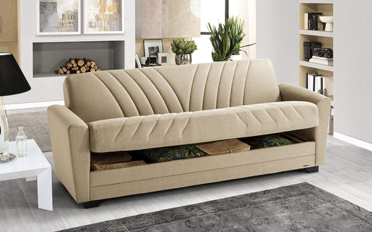 Divano 3 posti in tessuto lavabile beige - 220 x 88 x 83h cm., vano contenitore, trasformabile in letto una piazza e mezza