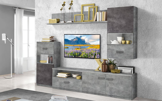 Dafne Italian Design Mobile da soggiorno moderno Pegy misura cm. 270x42x205 colore grigio scuro e grigio chiaro sfumati: base tv, madia alta, pensile e mensola.
