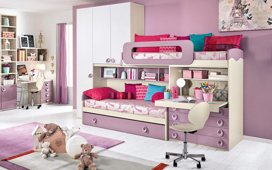 Dafne Italian Design Cameretta Completa a Ponte - Effetto Betulla, Colore Bianco e Quarzo (Triplo Letto Singolo e Armadio) (cm. 350 x 96 x 259h)