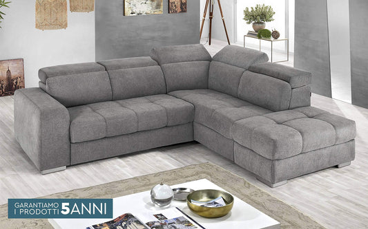 Dafne Italian Design Divano Letto angolare 3 posti con penisola a Destra. Tessuto Romeo Silver (cm. 266 x 230 x 94h)