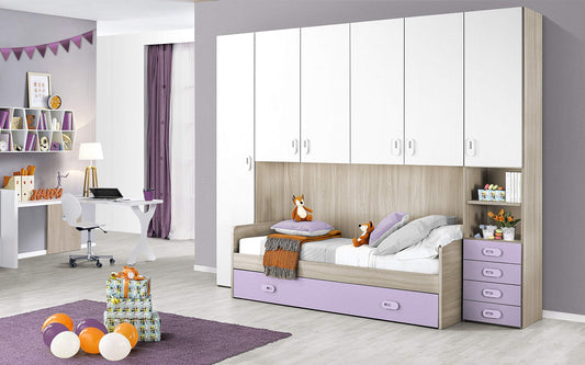 Dafne Italian Design Cameretta Completa a Ponte - Effetto Olmo Perla, Bianco, Lilla (Letto Singolo e Armadio) (cm. 295 x 93 x 245h)