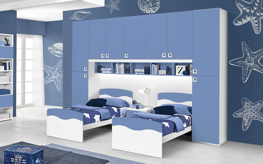 Dafne Italian Design Cameretta Completa a Ponte - Bianco, Avio (Doppio Letto Singolo e Armadio) (cm. 350 x 58 x 259h)