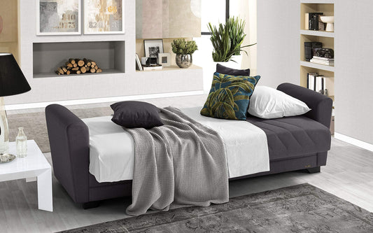 Divano 3 posti in tessuto lavabile antracite - 220 x 88 x 83h cm., vano contenitore, trasformabile in letto una piazza e mezza