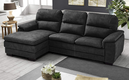 Dafne Italian Design Divano angolare 3 posti con penisola a Sinistra. Similpelle Effetto Nabuk Nero (cm. 275 x 158 x 94h)