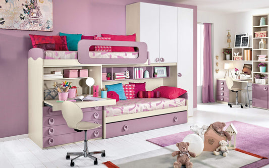 Dafne Italian Design Cameretta Completa a Ponte - Effetto Betulla, Bianco, Quarzo (Triplo Letto Singolo e Armadio) (cm. 350 x 96 x 259h)