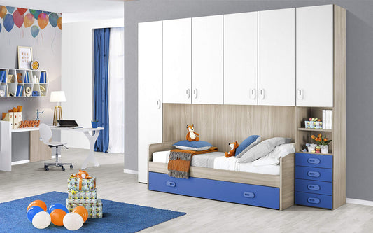 Dafne Italian Design Cameretta Completa a Ponte - Effetto Olmo Perla, Bianco, Cielo (Letto Singolo e Armadio) (cm. 295 x 93 x 245h)