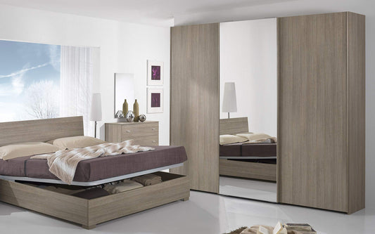 Dafne Italian Design Camera Completa - Effetto Rovere Grigio (Letto Matrimoniale, Armadio, Comodino, Specchiera, Comò)