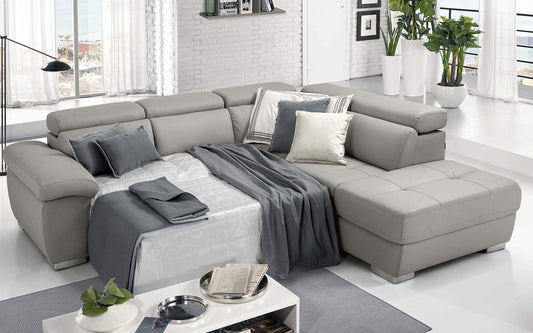 Dafne Italian Design Divano Letto angolare 3 posti con penisola a Destra. Similpelle Light Grey (cm. 285 x 245 x 97h)