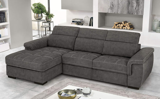 Dafne Italian Design Divano Letto angolare 3 posti con penisola a Sinistra. Similpelle Effetto Nabuk Granit Grey (cm. 287 x 176 x 96h)