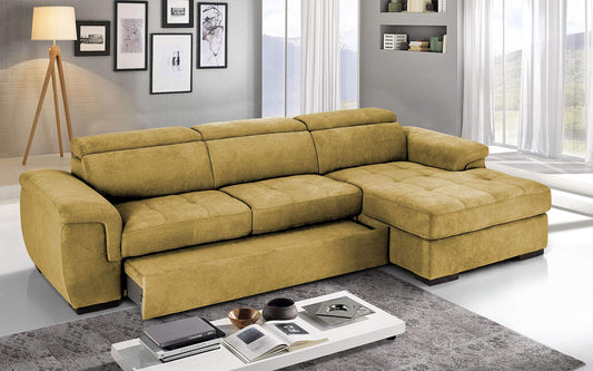 Dafne Italian Design Divano Letto angolare 3 posti con penisola a Destra. Tessuto Romeo Senape (cm. 287 x 176 x 96h)