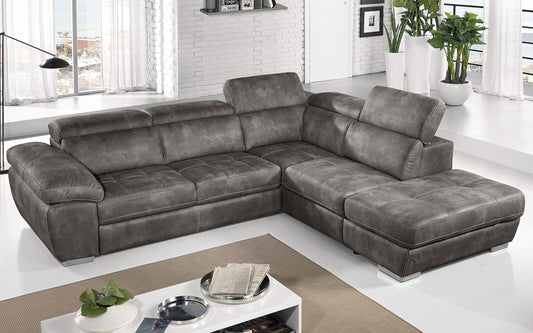 Dafne Italian Design Divano Letto angolare 3 posti con penisola a Destra. Similpelle Effetto Nabuk Granit Grey (cm. 285 x 245 x 97h)