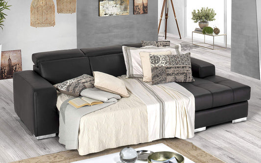Dafne Italian Design Divano Letto angolare 3 posti con penisola a Destra. Similpelle Nero (cm. 259 x 178 x 94h)
