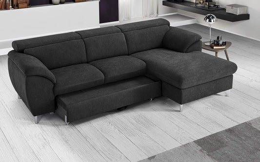 Dafne Italian Design Divano Letto angolare 3 posti con penisola a Destra. Tessuto Romeo Nero (cm. 269 x 175 x 94h)