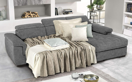 Dafne Italian Design Divano Letto angolare 3 posti con penisola a Destra. Similpelle Effetto Nabuk Cenere (cm. 287 x 176 x 96h)