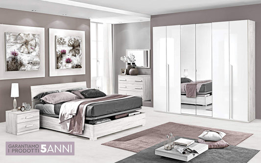 Dafne Italian Design Camera Completa - Effetto Rovere Bianco, Bianco Laccato (cm. 274 x 55 x 247)