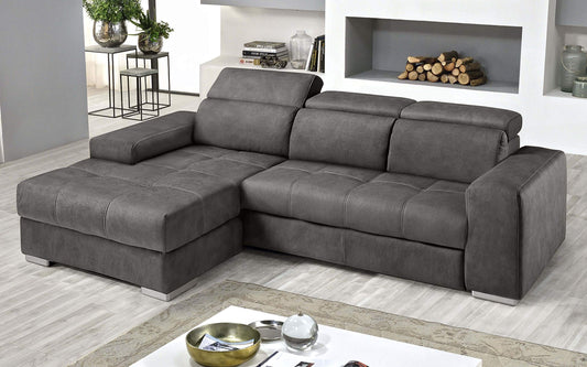 Dafne Italian Design Divano Letto angolare 3 posti con penisola a Sinistra. Similpelle Effetto Nabuk Granit Grey (cm. 259 x 178 x 94h)