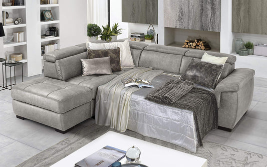 Dafne Italian Design Divano Letto angolare 3 posti con penisola a Sinistra. Tessuto Tay Tay Light Grey (cm. 282 x 242 x 96h)