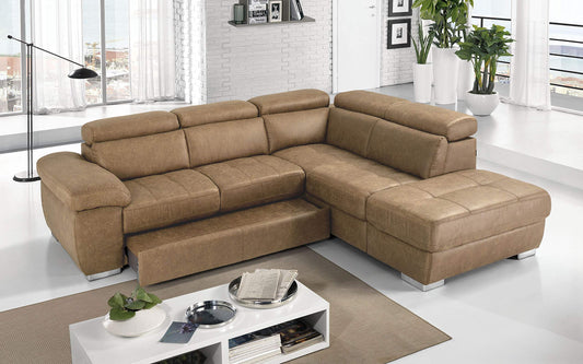 Dafne Italian Design Divano Letto angolare 3 posti con penisola a Destra. Tessuto Tay Tay Camel (cm. 285 x 245 x 97h)