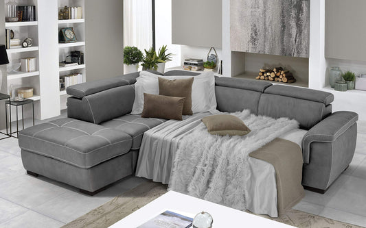 Dafne Italian Design Divano Letto angolare 3 posti con penisola a Sinistra. Similpelle Effetto Nabuk Cenere (cm. 282 x 242 x 96h)