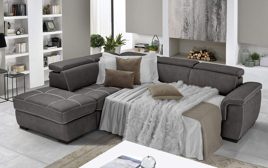 Dafne Italian Design Divano Letto angolare 3 posti con penisola a Sinistra. Similpelle Effetto Nabuk Granit Grey (cm. 282 x 242 x 96h)