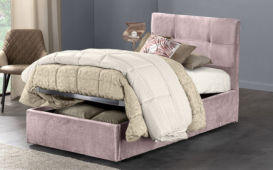 Dafne Italian Design - Letto singolo con contenitore, Effetto velluto rosa antico, Dimensioni: cm. 90 x 205 x 110 H