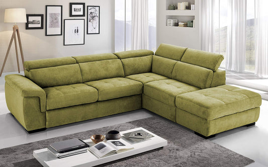 Dafne Italian Design Divano Letto angolare 3 posti con penisola a Destra. Tessuto Romeo Verde Acido (cm. 282 x 242 x 96h)