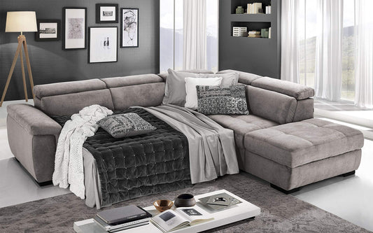 Dafne Italian Design Divano Letto angolare 3 posti con penisola a Destra. Tessuto Romeo Platino (cm. 282 x 242 x 96h)