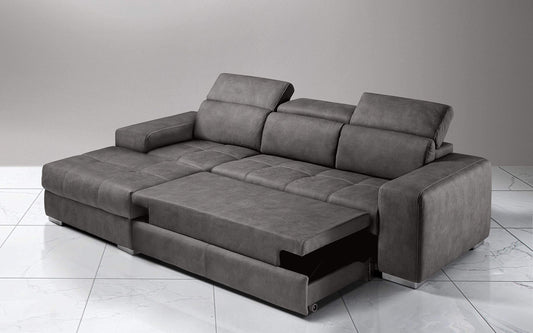 Dafne Italian Design Divano Letto angolare 3 posti con penisola a Sinistra. Similpelle Effetto Nabuk Granit Grey (cm. 259 x 178 x 94h)