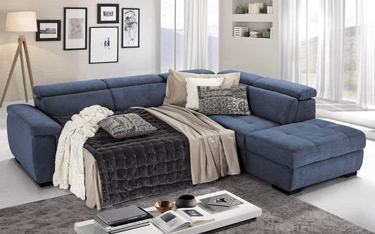 Dafne Italian Design Divano Letto angolare 3 posti con penisola a Destra. Tessuto Romeo Denim (cm. 282 x 242 x 96h)
