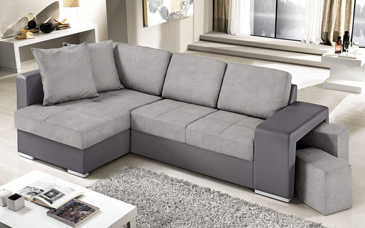 Dafne Italian Design Divano Letto angolare 2 posti con penisola a Sinistra. Similpelle Grigio, Tessuto Light Grey (cm. 267 x 158 x 89h)