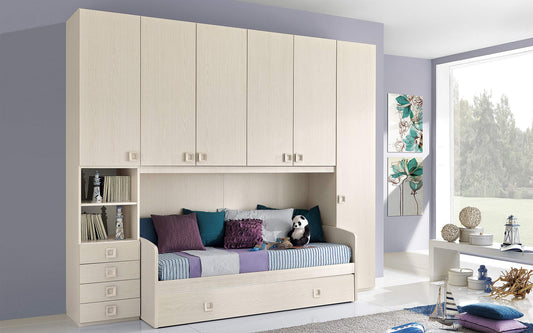 Dafne Italian Design Cameretta Completa a Ponte - Effetto Betulla (Doppio Letto Singolo e Armadio) (cm. 300 x 96 x 259h)