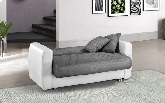 Divano 2 posti in tessuto grigio e similpelle bianca lavabile - cm. 158 x 87 x 92. con schienale reclinabile.