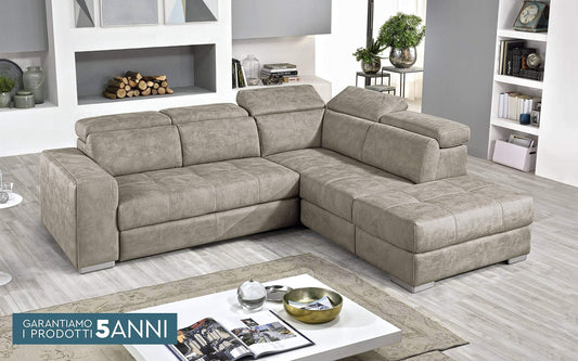 Dafne Italian Design Divano Letto angolare 3 posti con penisola a Destra. Similpelle Effetto Nabuk Light Grey (cm. 266 x 230 x 94h)