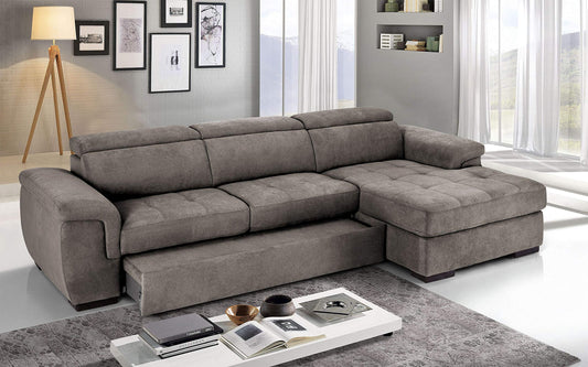 Dafne Italian Design Divano Letto angolare 3 posti con penisola a Destra. Tessuto Romeo Stone (cm. 287 x 176 x 96h)