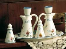 Set olio ceramico artigianale, aceto, sale e pepe - Dimensioni: 10,6 × 18,0 cm h 17,0 cm - Made in Italy.