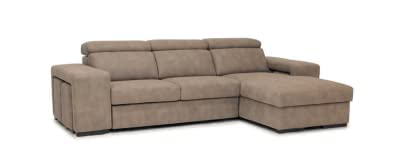 Divano tre posti in tessuto colore tortora con letto carrello e chaise long contenitore dx - misure cm. L 275/171 l 102 H 77 - Made in Italy