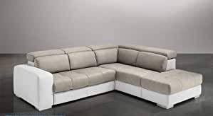 Dafne Italian Design Divano Letto angolare 3 posti con penisola a Destra. Similpelle Bianco, Similpelle Effetto Nabuk Light Grey (cm. 266 x 230 x 94h)