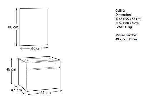 Dafne Italian Design Mobile con lavabo piccolo - 1 anta a ribalta con maniglia a gola, specchio e lavabo in vetro. cm. 61 x 47 x 190h. Ideale per bagni di piccole dimensioni. (STMB)