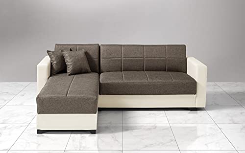 Dafne Italian Design Divano letto angolare 2 posti - Similpelle avorio, tessuto caffe - penisola sinistra - (cm. 225 x 158 x 86h)