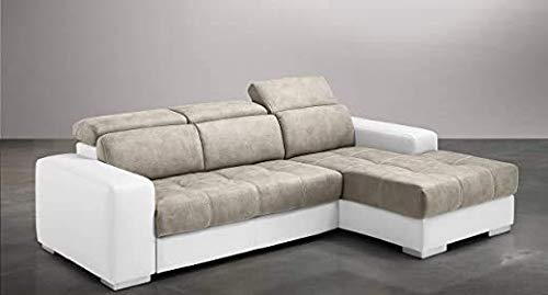 Dafne Italian Design Divano Letto angolare 3 posti con penisola a Destra. Similpelle Bianco, Similpelle Effetto Nabuk Light Grey (cm. 259 x 178 x 94h)