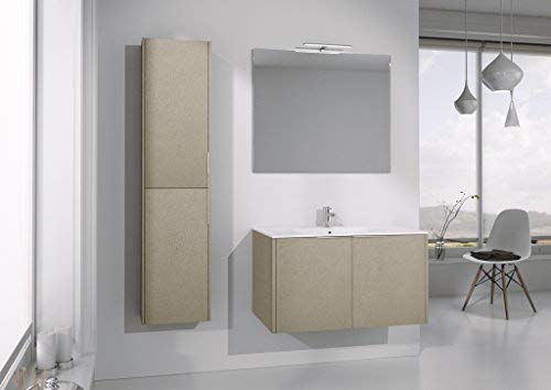 Dafne Italian Design Mobile da bagno beige chiaro con lavabo e specchio rett., lampada led - Base con due ante e top con lavabo integrato, colonna con due ante